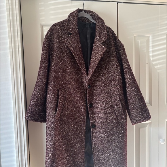 Women's Burgundy Tweed Coat - Classic Long Jacket - Picture 3 of 10